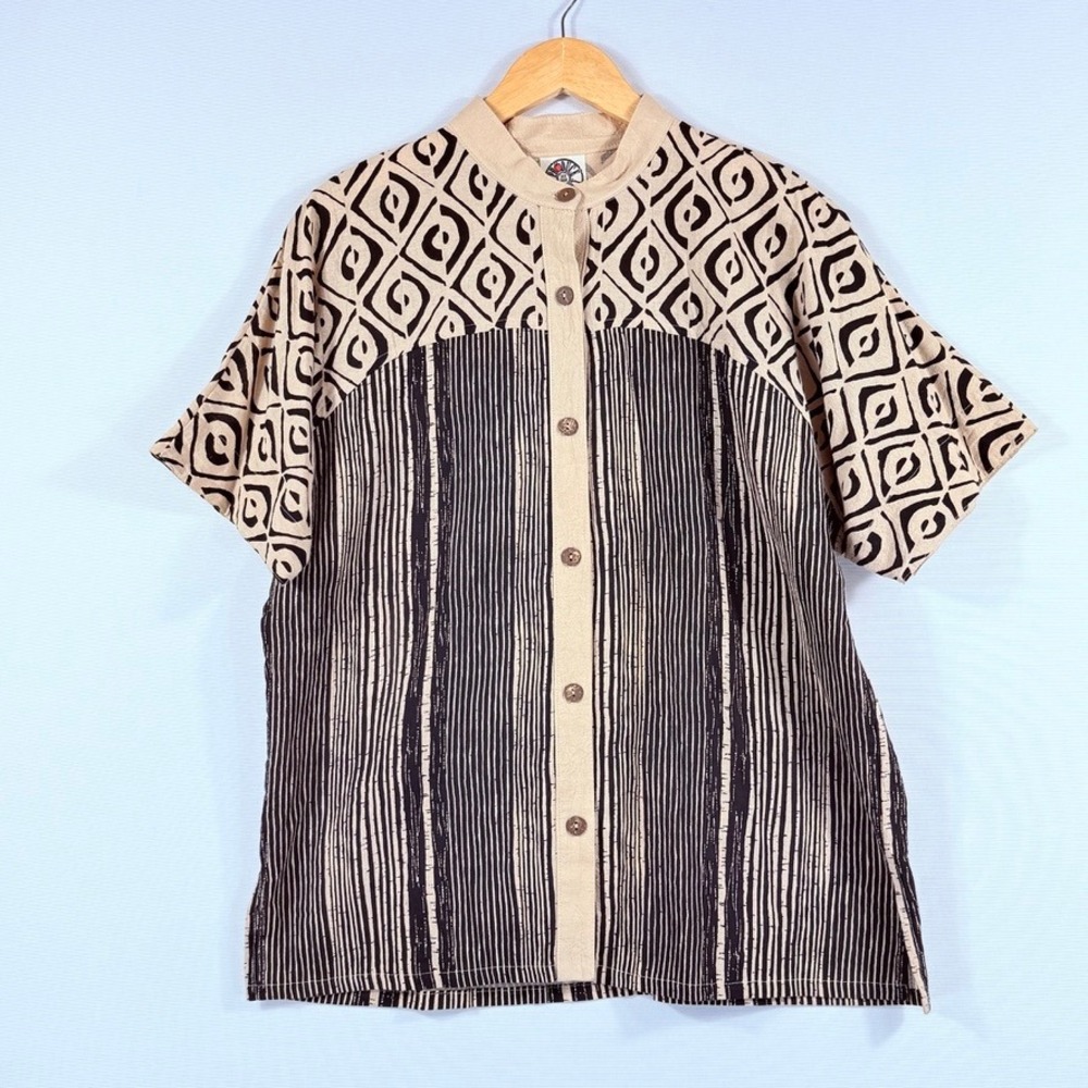 Product Company Button Down Shirt Womens XL Cream Black Mixed Print Boho Tribal